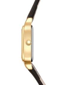 Gold watch with a rectangular black face, side button, and a textured dark leather strap. Elegant design with smooth edges.