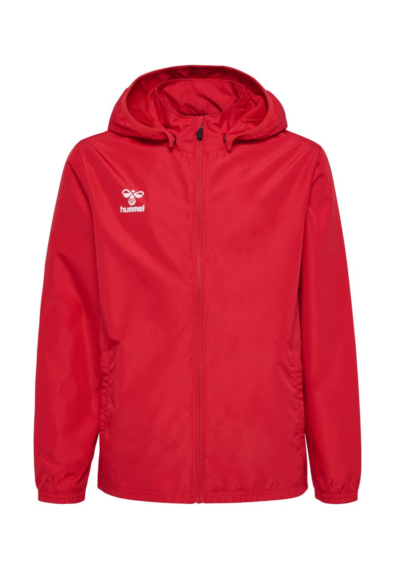 Rote Jacke aus leichtem Material, mit Reißverschluss, verstellbarem Kapuze und elastischen Bündchen. Hummel-Logo auf der Brust.