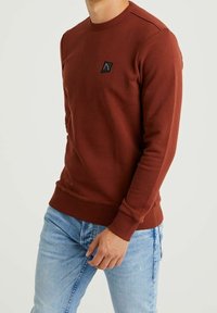 Sweatshirt marrone con collo rotondo, polsini e orlo ribattuti, con un piccolo logo nero sul petto, abbinato a jeans azzurri chiari.