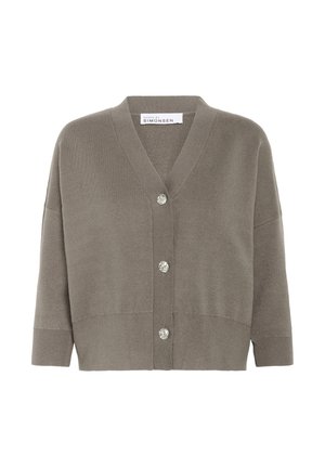 Cardigan grigio lavorato a maglia con scollo a V, maniche corte e cinque bottoni texture lungo la parte anteriore. Fascia a costine sull'orlo e sui polsini delle maniche.