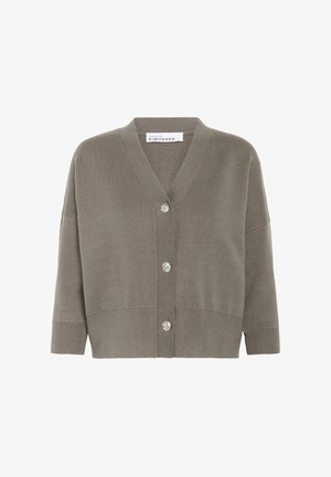 Gray knitted cardigan with a V-neck, short sleeves, and five textured buttons down the front. Ribbed band at the hem and sleeve cuffs.