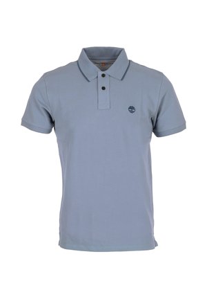 Polo azzurro chiaro a maniche corte con due bottoni neri e un piccolo logo scuro sul petto sinistro.