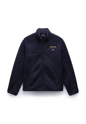 Giacca in pile navy con colletto alto, chiusura con zip e due tasche laterali. Caratterizzata da un tessuto testurizzato e da un piccolo logo sul petto.
