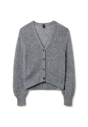 Grijze, kort geknipte cardigan met een V-hals, gebreide textuur, geribbelde zoom en knoopsluiting. Heeft een open steekpatroon over het geheel.