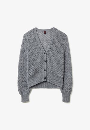 Grijze, kort geknipte cardigan met een V-hals, gebreide textuur, geribbelde zoom en knoopsluiting. Heeft een open steekpatroon over het geheel.