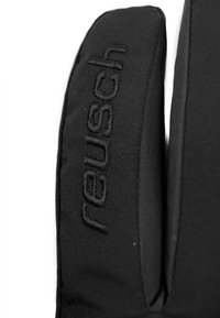 Schwarze Handschuhe aus weichem Stoff mit genähtem "reusch"-Logo, ausgestattet mit einem gepolsterten Design und einer glatten Textur.