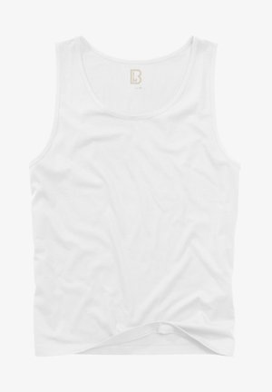White cotton tank top with a ribbed texture, rounded neckline, and wide armholes. Features a small brand logo near the neck. Size M.
