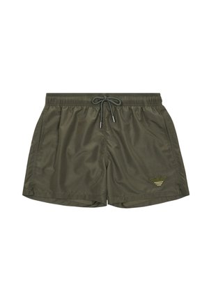Bañador corto de hombre verde oliva con cintura elástica, cordón, bolsillos laterales y pequeño logo en la pierna izquierda.