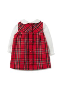 Vestido de cuadros rojos con mangas largas blancas y cuello Peter Pan, con cierre de botones en la espalda y diseño de falda acampanada.