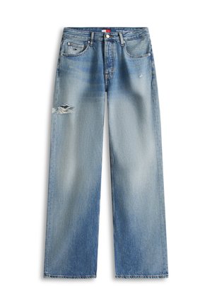 Lyseblå mellomhøye jeans med løs passform, lett slitasje på venstre lår og klassisk fem-lomme design.