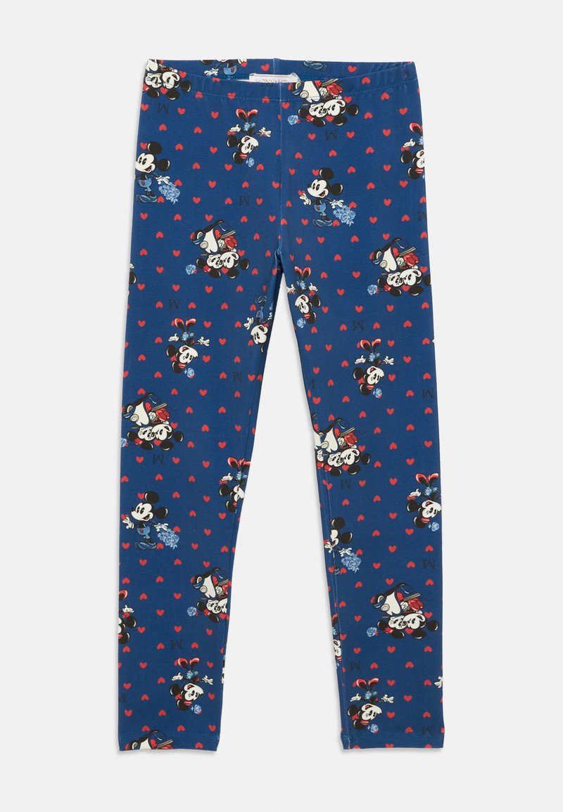 Leggings multicolor feitos de um tecido suave, com um fundo azul e corações vermelhos, além de personagens de desenhos animados em poses divertidas por toda a peça.