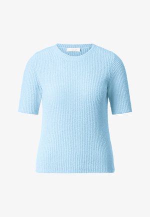 Pull court à manches courtes de couleur bleu clair avec un design texturé en côtes. Encolure ronde et matière en tricot douce, idéal pour un look décontracté.