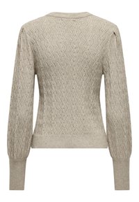 Pull beige avec un motif texturé en zigzag, des poignets et un ourlet côtelés, un col arrondi et des manches longues légèrement ballonnées.