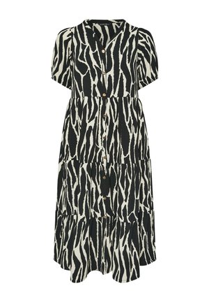 Schwarz-weißes Midikleid mit Zebramuster, kurzen Puffärmeln, V-Ausschnitt und Knopfleiste vorne.