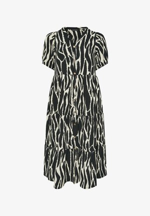Sort-hvid zebra print midi-kjole med korte pufærmer, V-hals og knaplukning foran.