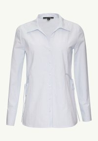 Lichtblauwe gestreepte shirt met lange mouwen, een puntige kraag en zijstrikjes voor een verstelbare pasvorm. Voorzien van witte knopen aan de voorkant.