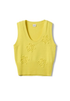 Gilet giallo lavorato a maglia senza maniche con orlo e scollatura a coste, con quattro motivi floreali in rilievo sul davanti.