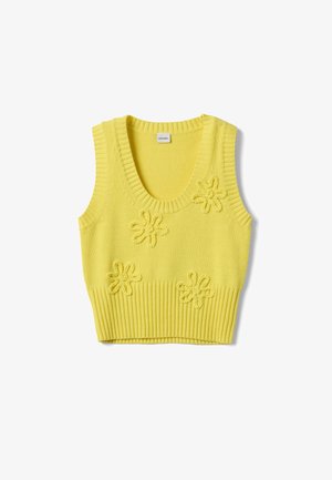 Gilet giallo lavorato a maglia senza maniche con orlo e scollatura a coste, con quattro motivi floreali in rilievo sul davanti.