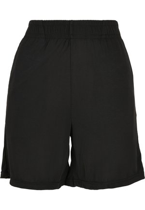 Svarte treningshorts med elastisk midjebånd, glatt tekstur, kne-lengde, og sideslisser for bedre bevegelse.