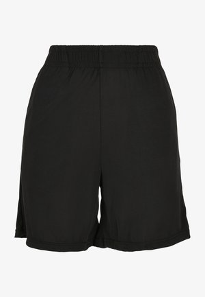 Fekete sportnadrág elasztikus derékkal, sima textúrával, térd hosszúságú és oldalsó hasítékokkal a mozgás könnyebbsége érdekében.