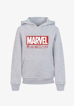 Šedá mikina s kapucí s velkým červeným logem "MARVEL" a ikonami pod ním. Vyrobena z jemného materiálu, má přední kapsu a ribované manžety.