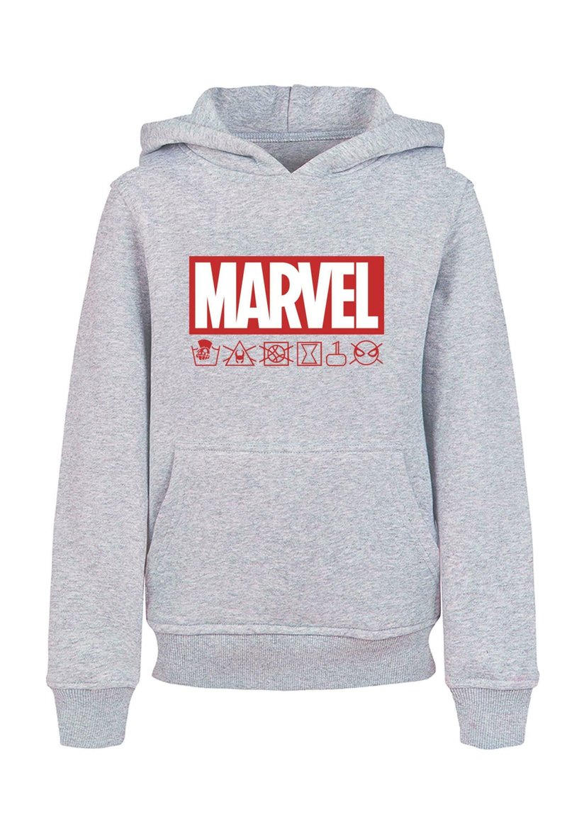 Felpa grigia con cappuccio, caratterizzata da un grande logo rosso "MARVEL" con icone sottostanti. Realizzata in tessuto morbido, con tasca frontale e polsini a coste.