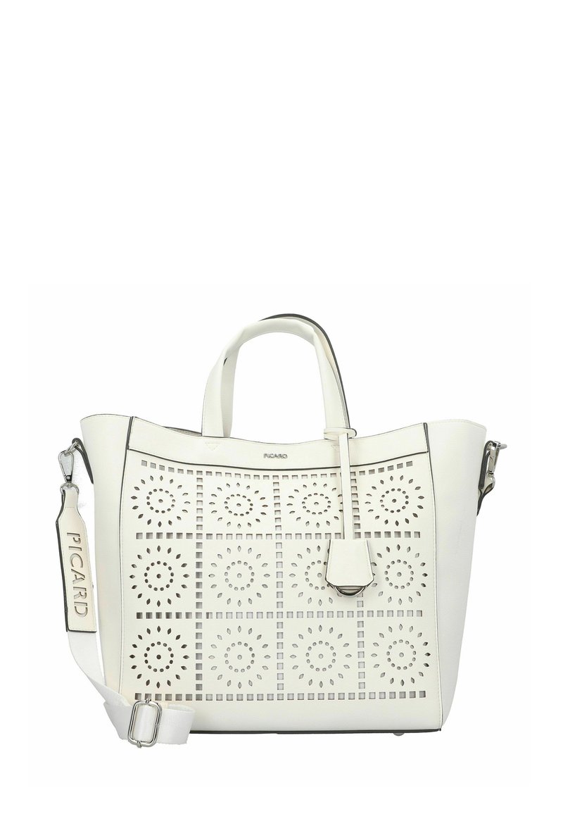White tote bag made of textured synthetic material, featuring laser-cut floral patterns, dual handles, and a detachable shoulder strap.