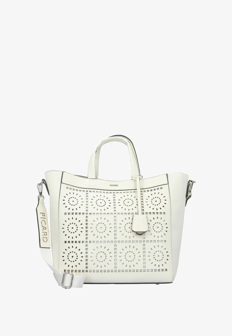 White tote bag made of textured synthetic material, featuring laser-cut floral patterns, dual handles, and a detachable shoulder strap.