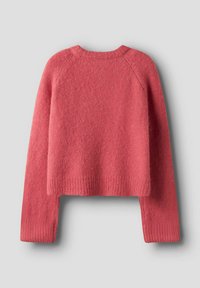 Pull court rose avec un col rond, manches longues et poignets côtelés. Tissu doux et texturé avec une légère apparence duveteuse.