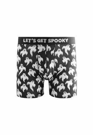 Boxers noirs avec des motifs de fantômes blancs, dotés d'une taille qui affiche "FÊTONS HALLOWEEN" en lettres blanches.