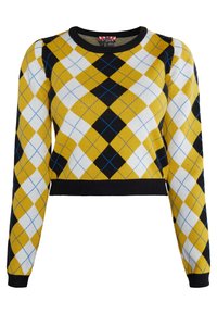 Maglione lavorato a maglia con un motivo argyle giallo, nero e bianco con accenti blu. Design cropped e polsini e orlo a coste neri.