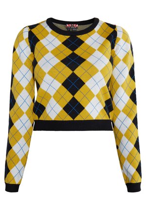 Kötött pulóver sárga, fekete és fehér argyle mintával, kék akcentussal. Rövidített fazon, bordázott fekete mandzsettával és szegéllyel.