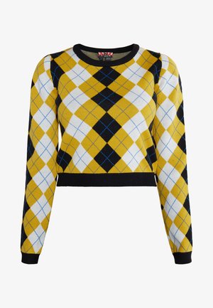 Kötött pulóver sárga, fekete és fehér argyle mintával, kék akcentussal. Rövidített fazon, bordázott fekete mandzsettával és szegéllyel.