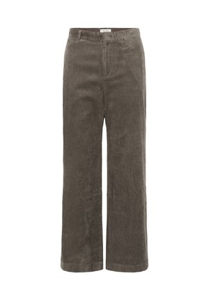 Pantalons en corduroy de couleur vert olive avec une coupe large, affichant une texture côtelée verticale et une fermeture à bouton à l'avant.