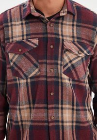 Camicia a quadri in flanella rossa, blu navy e beige con due tasche sul petto, chiusura con bottoni e colletto. Tessuto morbido con aspetto caldo.