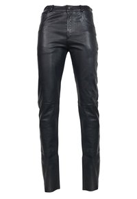 Sorte læderbukser med slim fit, glat tekstur, standard talje med lynlås og knap samt diskrete syninger langs benene.