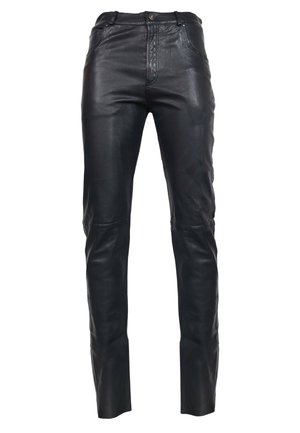 Zwarte leren broek met een slim fit, gladde textuur, normale taille met rits en knoop, en subtiele stiksels langs de benen.