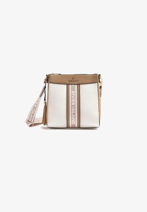 Biała i beżowa torba crossbody marki River Island z pionowym paskiem z logo, odpinanym paskiem i suwakiem z chwostem.