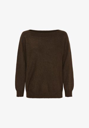 Brun strikket sweater med vid firkantet halsudskæring, lange ærmer og ribstrikkede manchetter og kanten. Blød tekstur, let afslappet pasform.