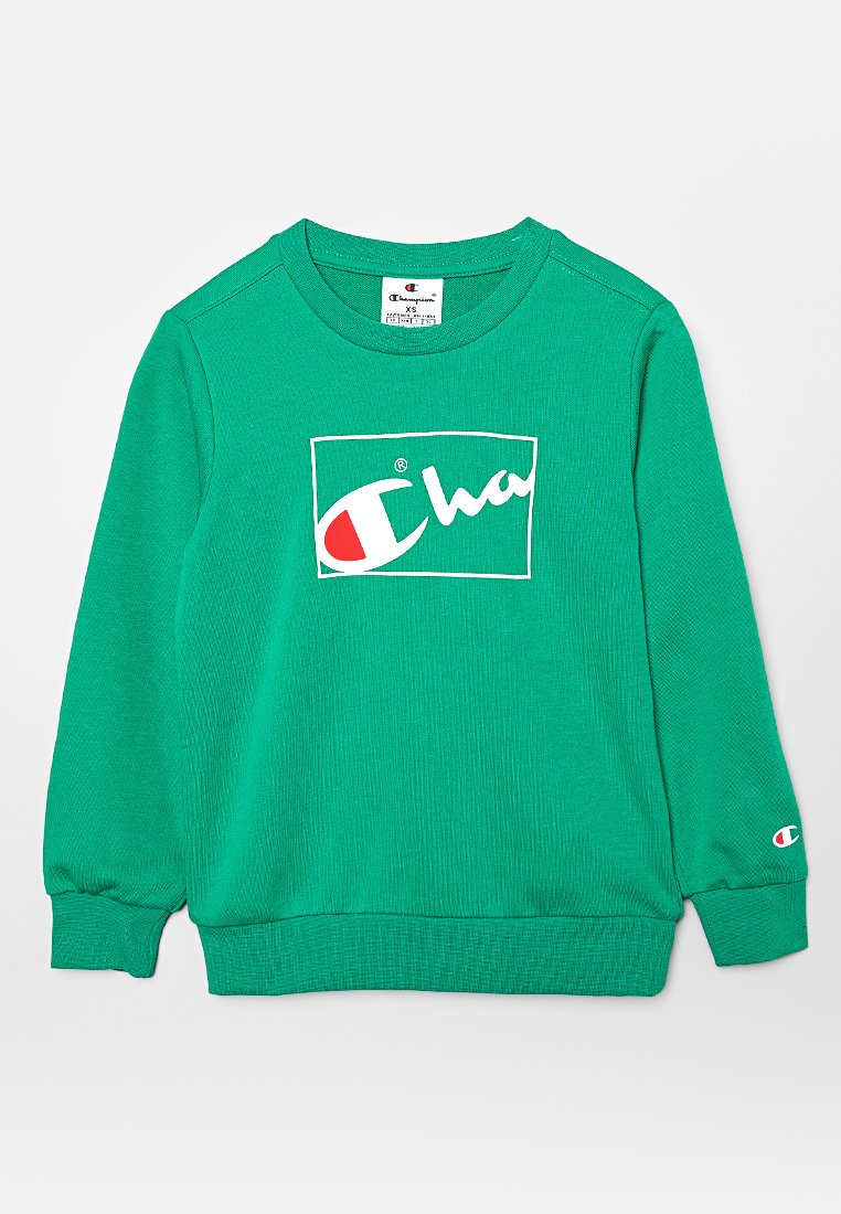 Sweat-shirt vert en tissu texturé, avec un logo blanc à l'avant et un petit logo sur la manche. Design classique à col rond.