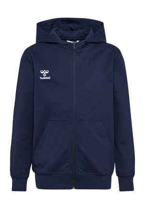 Marinefarbene Zip-Hoodie aus weichem Stoff, mit einer Kängurutasche, gerippten Bündchen und einem gestickten Logo auf der linken Brust.