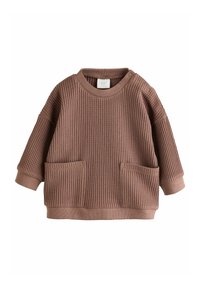 Braun strukturierter Pullover mit langen Ärmeln, rundem Kragen und zwei vorderen Taschen; verfügt über Druckknöpfe an den Schultern für ein einfaches Ankleiden.