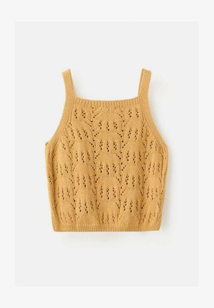 Žltý pletený crop top so štvorcovým výstrihom, tenkými ramienkami a textúrovaným vzorom pripomínajúcim listy na látke.