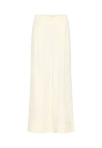 Vida byxor i off-white tyg med en jämn yta, hög midja och subtila veck fram för extra detalj.