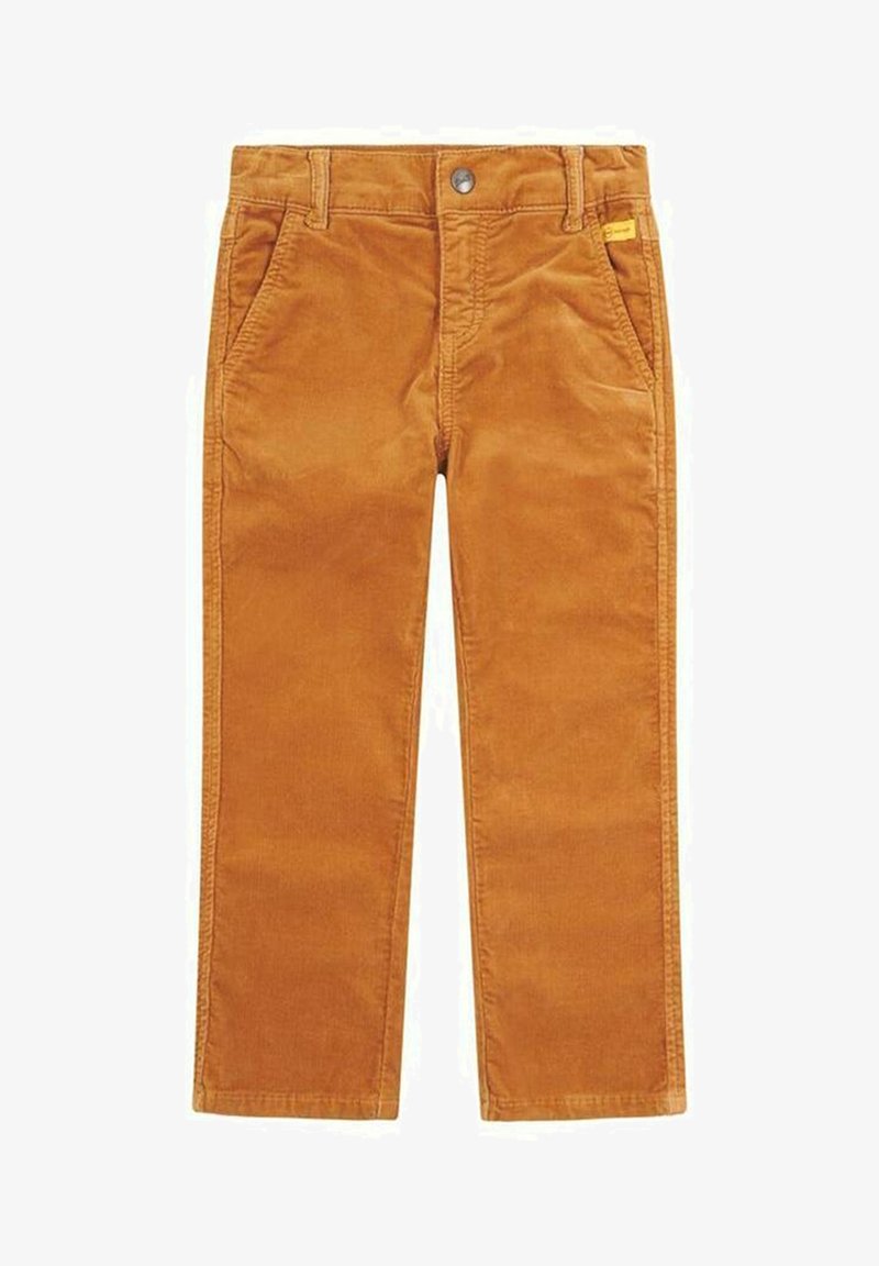 Pantalons en velours côtelé de couleur orange chaud, avec une coupe droite, des poches avant et une fermeture à bouton métallique. Texture lisse avec un motif de côtes visible.