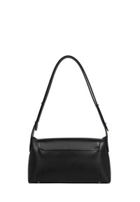 Sac à main en cuir noir avec une forme rectangulaire structurée, une seule poignée courbée et des détails de couture subtils. Design minimaliste sans quincaillerie visible.