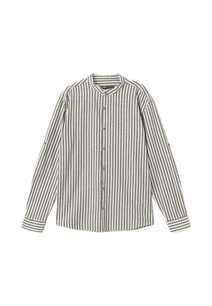 Koszula w paski z guzikami w jasnym beżu i granacie, z okrągłym kołnierzykiem, długimi rękawami, drewnianymi guzikami oraz luźnym krojem.