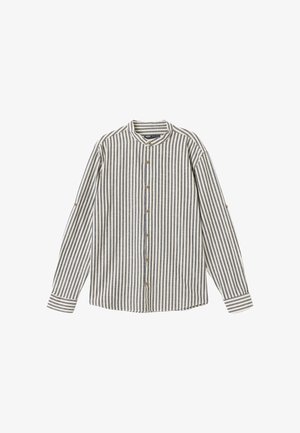 Koszula w paski z guzikami w jasnym beżu i granacie, z okrągłym kołnierzykiem, długimi rękawami, drewnianymi guzikami oraz luźnym krojem.