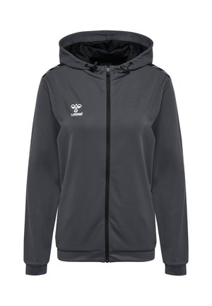 Ciemnoszara bluza z kapturem na pełny zamek, kapturem ze ściągaczem, długimi rękawami i białym logo hummel na lewej piersi.