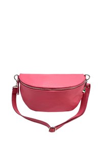 Roze leren crossbody tas met een afgeronde bovenkant, zilveren rits, verstelbare schouderband en een kleine Italiaanse vlag charm. Soepele textuur, compact ontwerp.